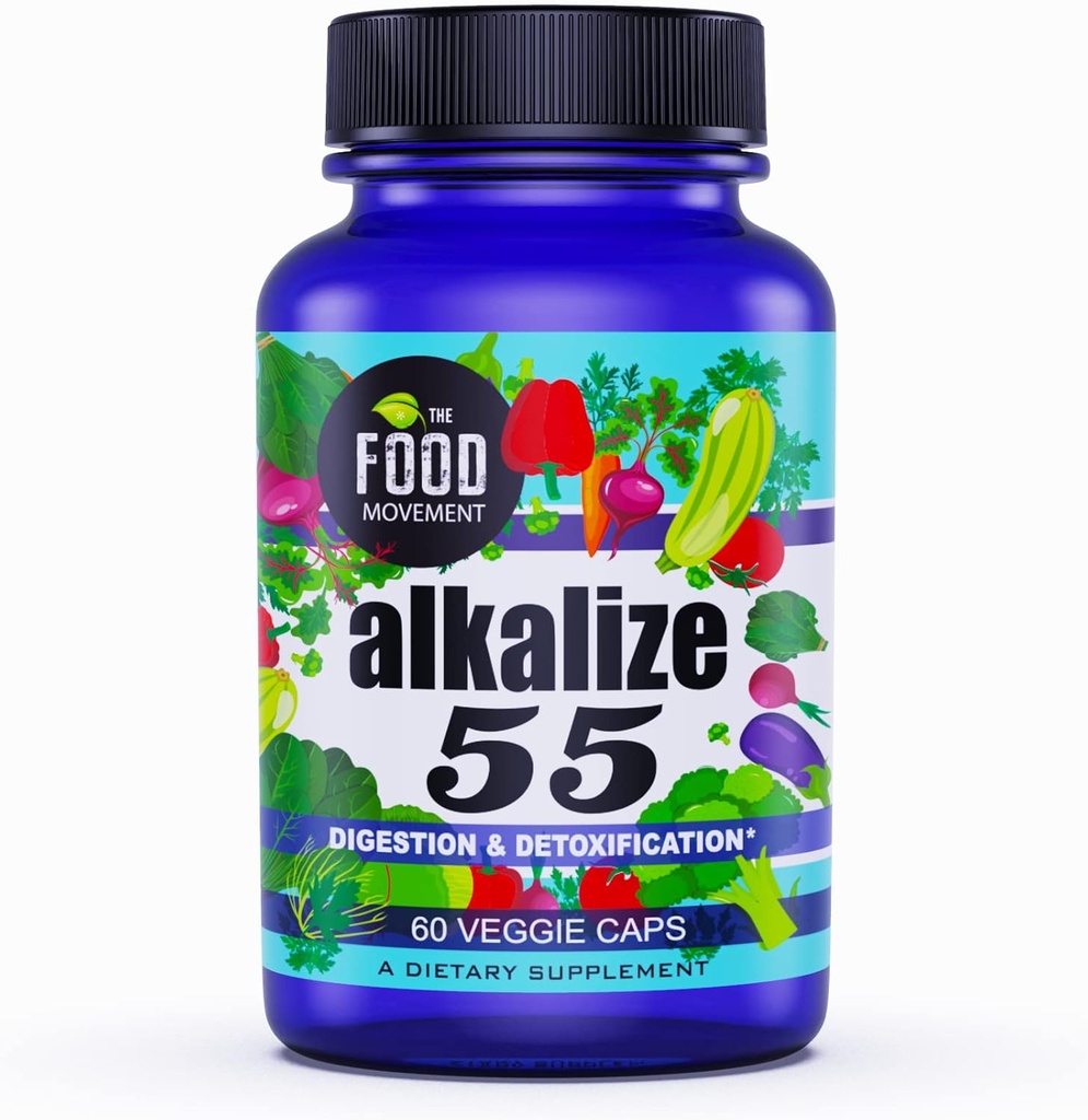 The Food Movement - Alkalize 55, 55 Fermented Foods with Black Earth Humic Fulvic Trace Minerals, Elektrolyte, pH Balance, Immune Boosting, Vegan - 60 Veggie Kappen
