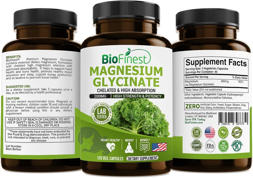 Biofinest Chelat Magnesium Glycinate 200mg Supplement - Gesunde Herz Bowel Bewegung Immunenergie Stoffwechsel Schlaf - Made in USA (120 Kapseln)