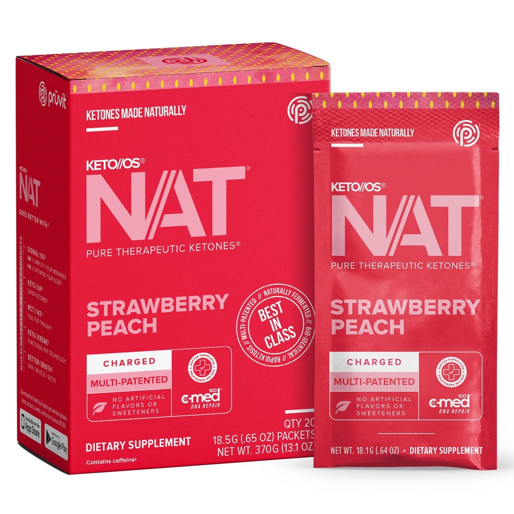 Pruvit - Keto//OS NAT - Erdbeere Pfirsich Charged Drink Mix mit C-Med 100, L-Taurine, Vitamine B6 & B12, Ketone Supplement - 18.5g