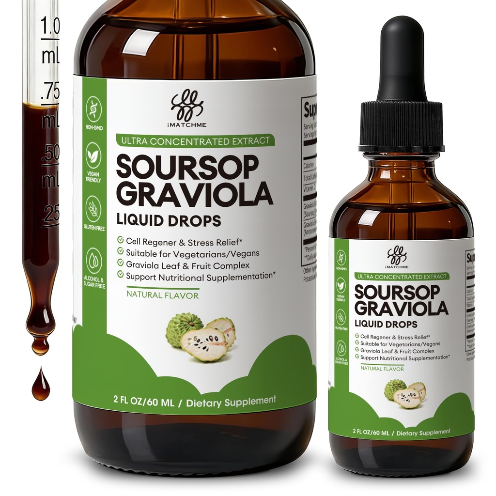 iMATCHME Soursop Graviola Flüssigkeitstropfen für Zellunterstützung & Regeneration, Immunsystem und Gut Health Support, Pure Soursop Bitters Liquid, hohe Absorption, Zucker/Gluten frei, natürliche Geschmack, 2 Fl Oz