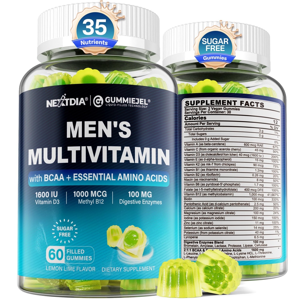 Methyliertes Multivitamin für Herren-Gummien, BCAA Aminosäuren, Zink, Tägliches Vitamin A C D3 E K2 B-Komplex, Calcium, Magnesium, Lycopin, Verdauungsenzyme - Energie, Immun, Muskel-Zucker frei, Vegan, 60Cts