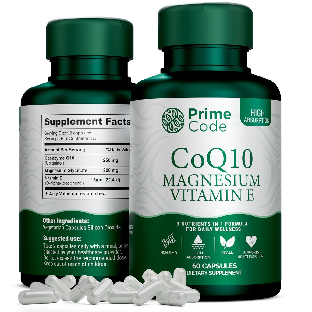 Prime Code [ 3 in 1] CoQ10 250mg mit Magnesium Glycinat und Vitamin E | CoQ10 Kapseln 250mg | Magnesium Glycinat 200mg | Vitamin E 15mg | Non-GMO | Gluten & Soy Free | Vegan