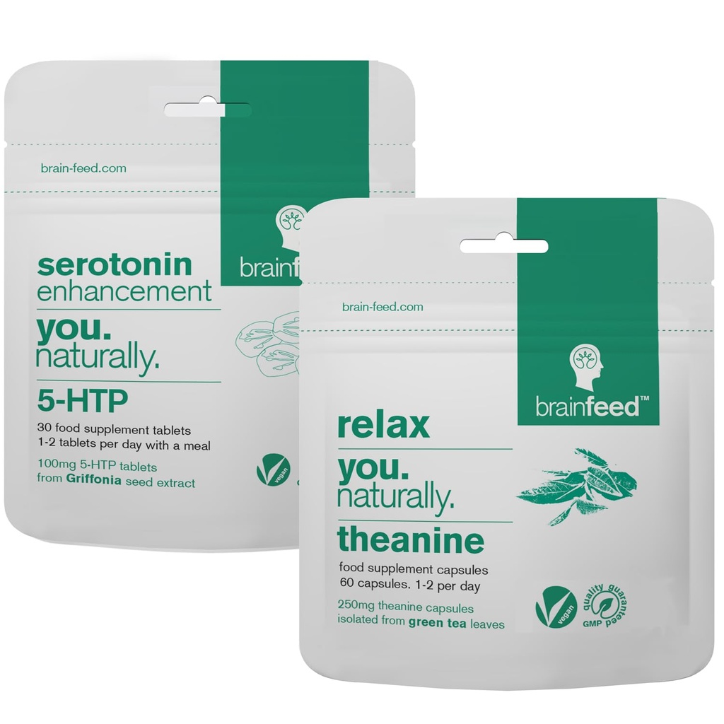 Serotonin Ergänzungen & Natural l theanine | Serotonin Mood Unterstützung & Stress Relief Ergänzungen | 5HTP 100mg + 250mg L theanine Kapseln | 2 Monate Versorgung | Vegan
