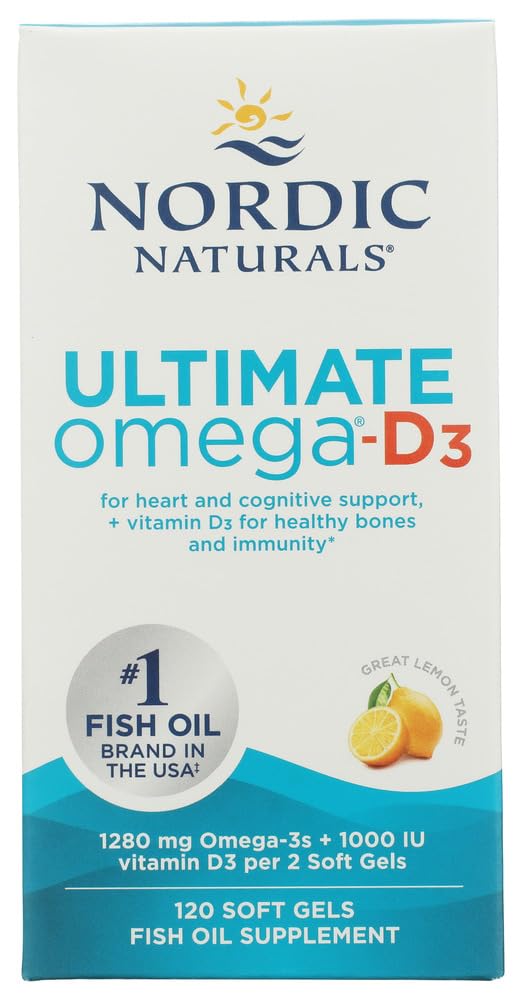 Nordic Naturals Ultimate Omega-D3, Lemon Flavor - 120 Soft Gels - 1280 mg Omega-3 + 1000 IU Vitamin D3 - EPA & DHA - Fördert Gehirn, Herz & Immungesundheit - 60 Servietten