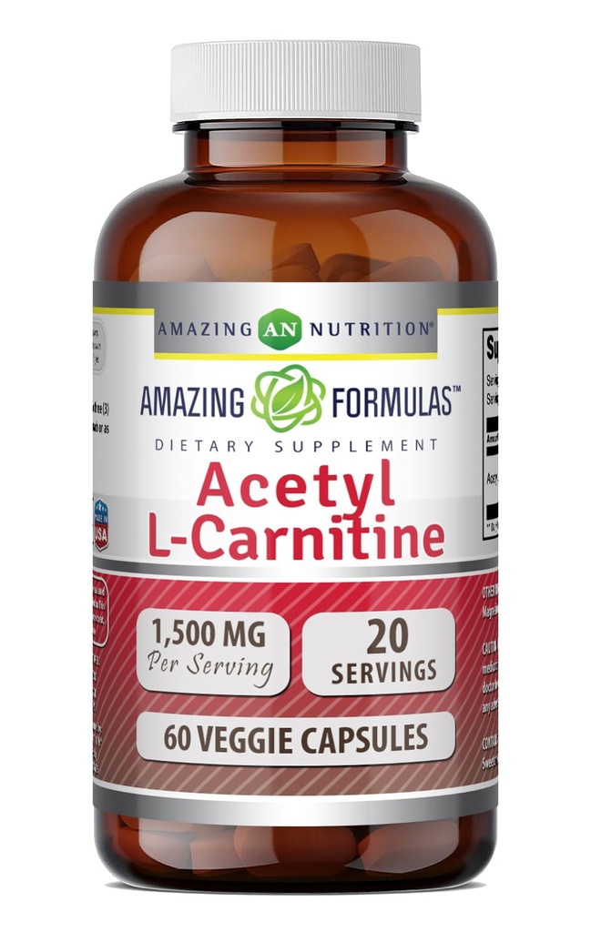 Erstaunliche Formeln Acetyl L-Carnitin Hcl Veggie Nahrungsergänzung - 500 Mg, Veggie Kapseln (Non GMO,Gluten Free) Per Bottle - Fördert Energieproduktion & Kognitive Funktion (60 Count)