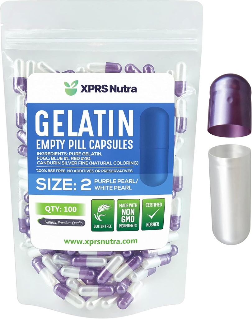 XPRS Nutra Größe 2 Leere Kapseln - 100 Count Leere Gelatine Kapseln - Pillen DIY Kapsel Füllung - Pure Bovine Pill Gel Kapseln für Do-It-Yourself Ergänzungen (Pearl Purple/White)