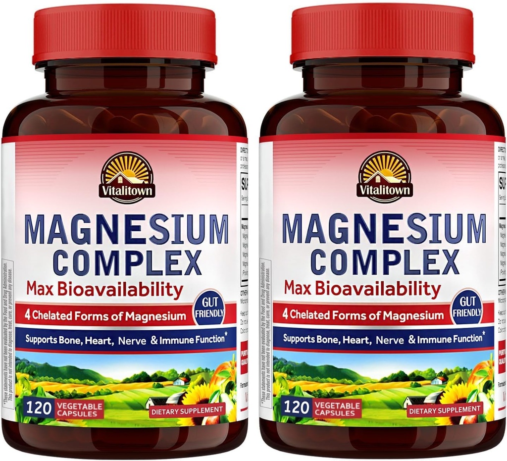 Vitalitown Magnesium Complex 2 Packs, 240 Kapseln, NSF zertifiziertes Magnesium Glycinat, Malate, Taurate & Citrate, Chelat Formen, hohe Absorption, Knochen, Herz, Schlaf & Verdauung