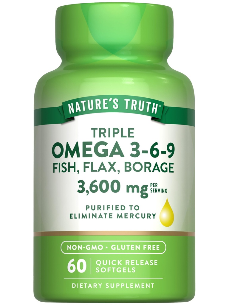 Nature's Truth Triple Omega 3-6-9 Softgels | 3600mg | 60 Count | Fish, Flax, Borage Oils | Non-GMO & Gluten Kostenlose Ergänzung