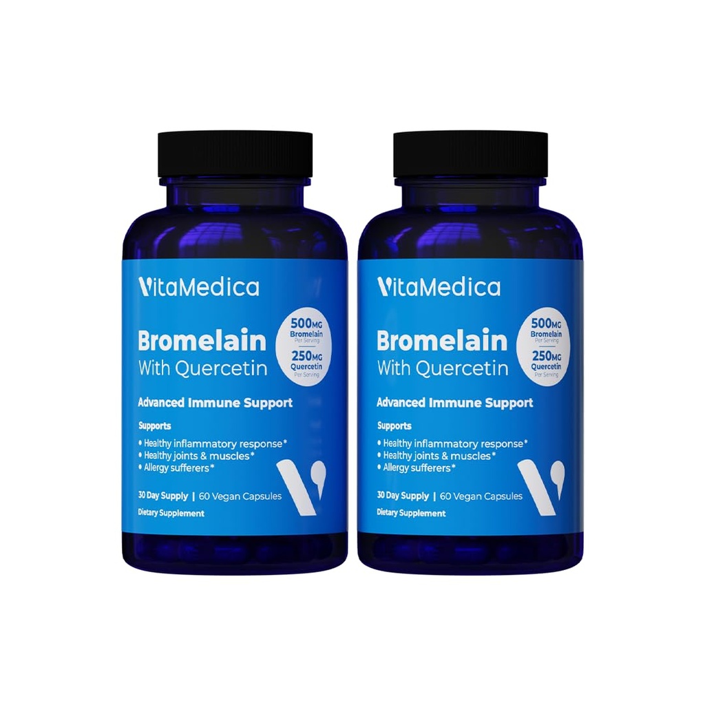VitaMedica Bromelain & Quercetin Supplement - 500mg Bromelain 250mg Quercetin - 2400 GDU für Immunität, Gelenkunterstützung, Entzündung und Muskelrückgewinnung - 60 Vegan Kapseln - 30 Portionen (2 Packung)