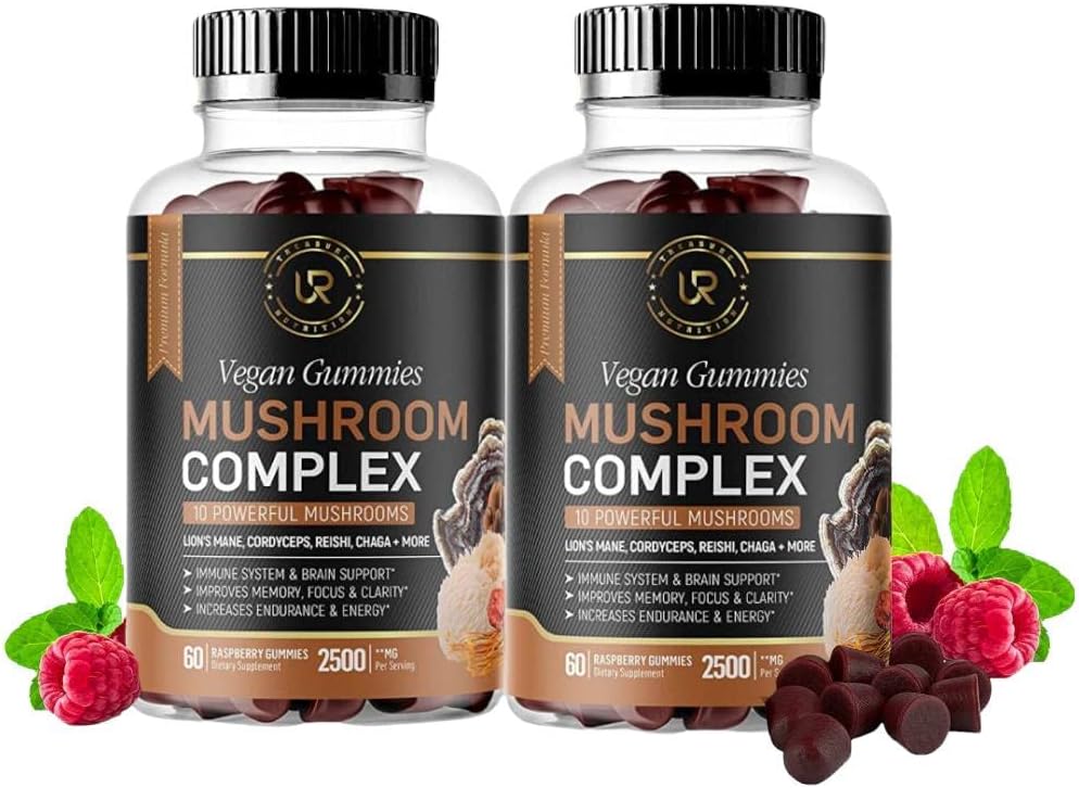 Mushroom Gummies | 10 Pilz-Ergänzung | 2 Pack | Türkei Tail, Chaga, Reishi, Cordyceps & Lions Mane Bio Pilz-Extrakte, Nootropic Brain Booster für Fokus, Gedächtnis, Klarheit, Energie | 120ct