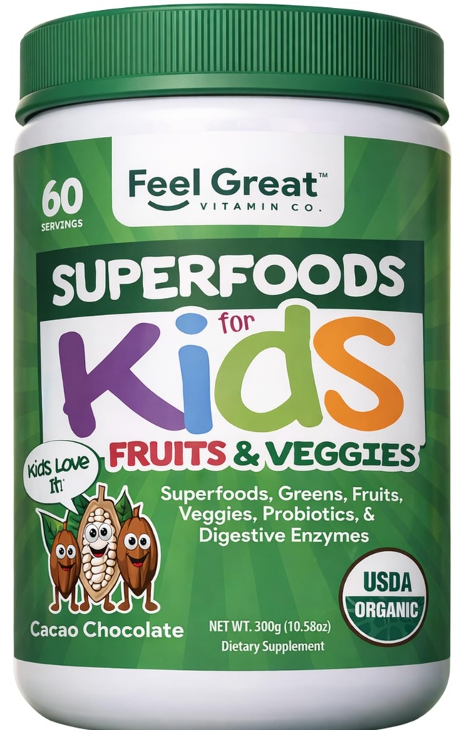 Spüren Sie Great USDA Organic Super Greens Powder für Kinder - Cocao Chocolate | Fruit & Veggie Supplement | Superfood Powder mit Probiotics & Verdauungsenzymen für Verdauungs-Gesundheit | 60 Tage Versorgung