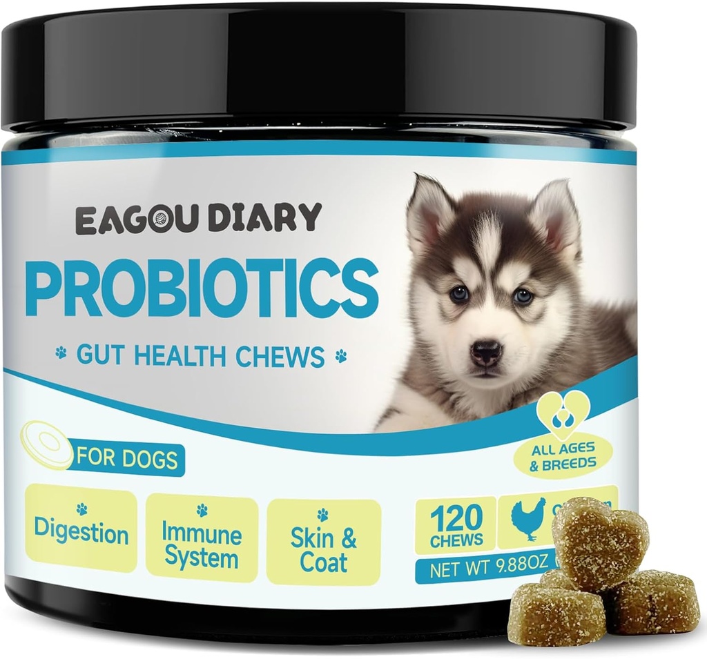 Eagou Diary Probiotics for Dogs - Dog Probiotics for Digestive Health, Gut Health Supplements mit Präbiotika, Ziegenmilch, Omega 3, Vitamine, Chews für Canine Diarrhea, Stomach, Gas Relief - 120 Ct