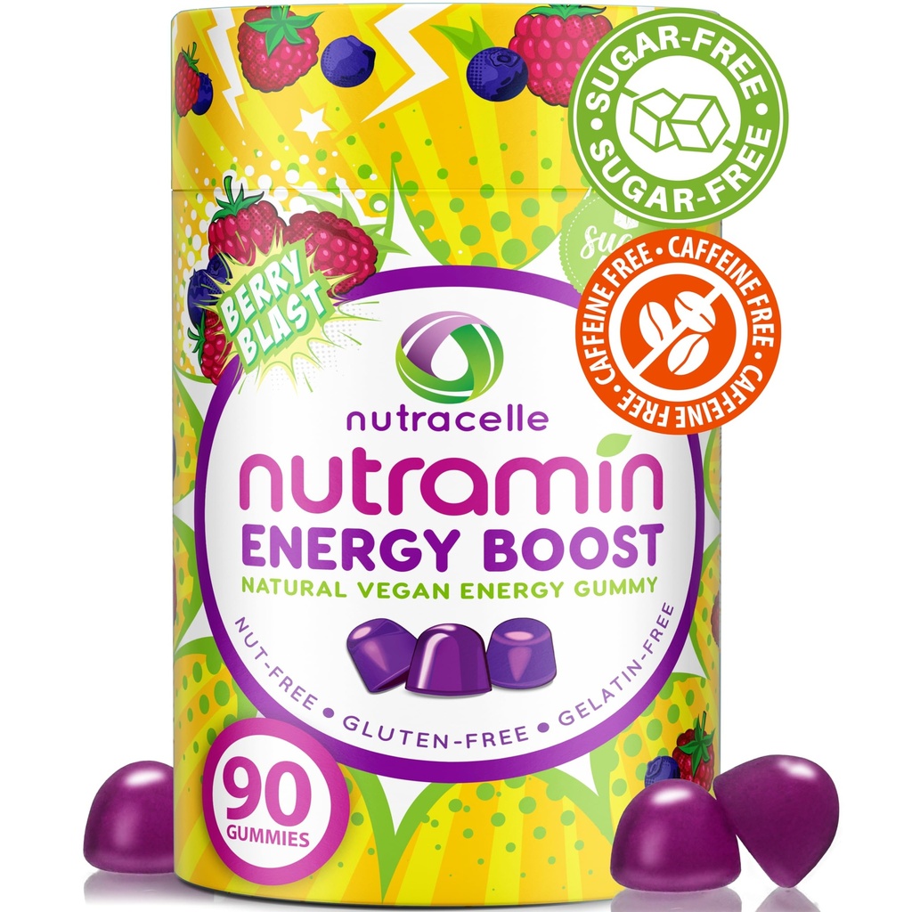 NUTRAMIN Energy Boost Vitamin Gummy - Überspringen Sie den Kaffee & Boost Ihre Energie, Koffeinfrei, Zuckerfrei, Vegan, B12, Grüner Tee, Ashwagandha, Garcinia Cambogia, Raspberry Adaptogen - 90 ct