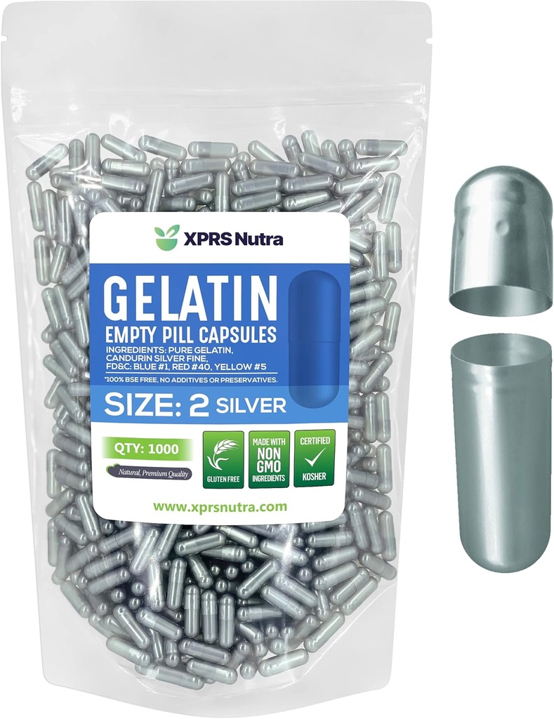 XPRS Nutra Größe 2 Leere Kapseln - 1000 Graf Leere Gelatine Kapseln - Pillen DIY Kapsel Füllung - Pure Bovine Pille Gel Kapseln für Do-It-Yourself Ergänzungen (Silber)