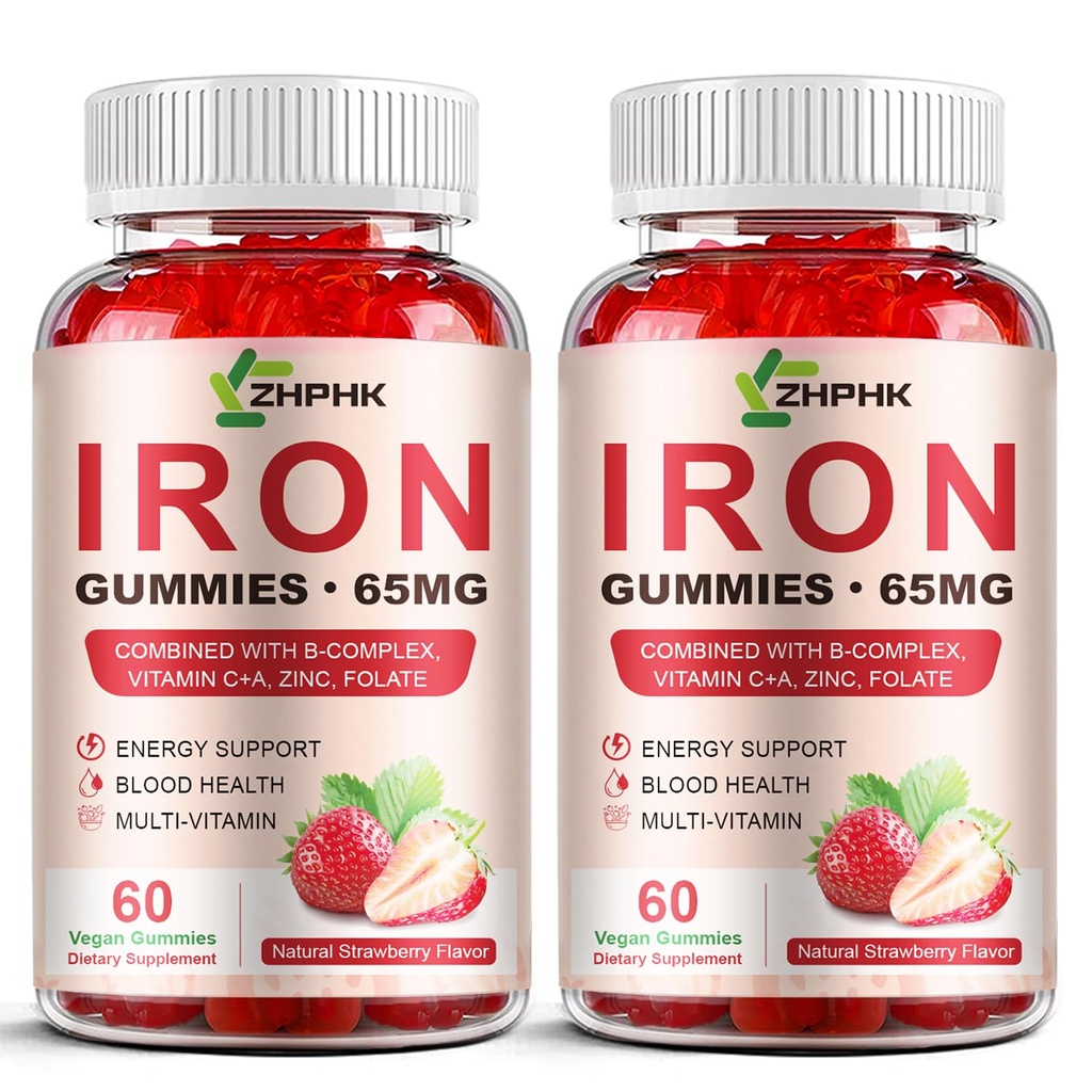 Eisenergänzungsgummis für Frauen, Männer & Kinder, 65mg Eisen & 250mg Vitamin C pro Servieren - Gesundes Blut, Energie & Immununterstützung Eisen Vitamin Gummy mit Folate, 2 Pack
