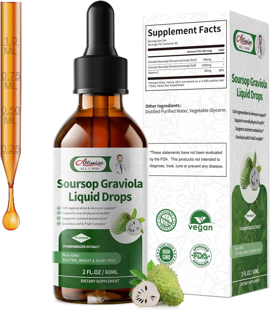 Soursop Graviola Flüssigkeitstropfen, hohe Absorptionsform Soursop Blätter & Obst-Komplex, für Zellregeneration & Immununterstützung & Verdauungs Bitter - Vegan Sour SOP Bitters Liquid - 2 Fl oz