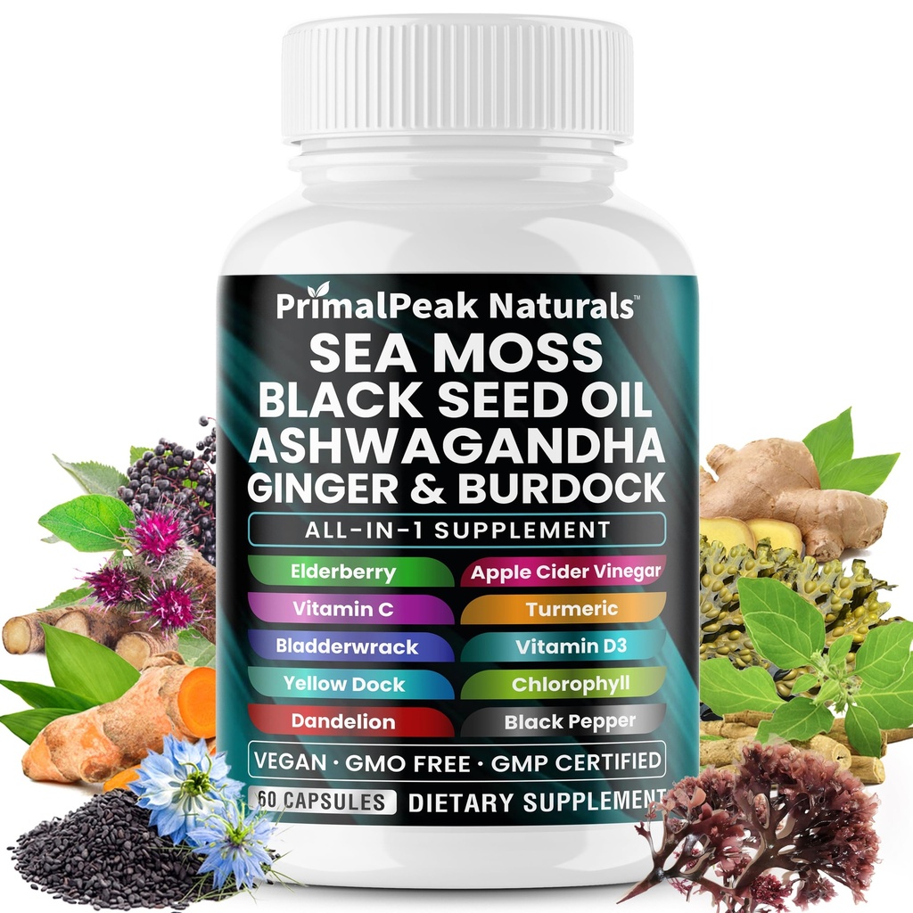 Sea Moss Black Seed Oil Ashwagandha Ginger Burdock Bladderwrack Turmeric & Vitamin C Vitamin D3 mit ACV Elderberry Chlorophyll Dandelion Gelb Dock Vegan Kapseln - 60 Zähler