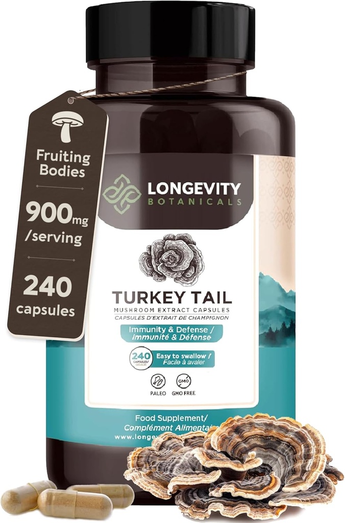 Organic Turkey Tail Mushroom Capsules Supplement (240) | Pure Fruiting Body 10:1 High Strength Extract | 50% Beta-D Glucans | 9.000mg Raw Equivalent per Serving | Immune, Gut & Microbiome Support