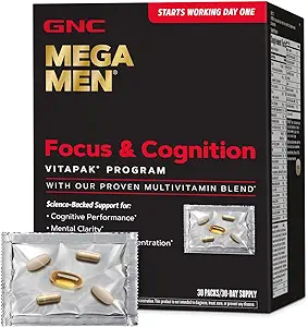 GNC Mega Men Focus and Cognition Vitapak Program, Günstig, Complete Nutrition, 3 Produkte in 1 Packung, Klarheit, Fokus, Energie, Konzentration, Werke auf Tag Eins, 100mg Koffein, 30 Tagespackungen