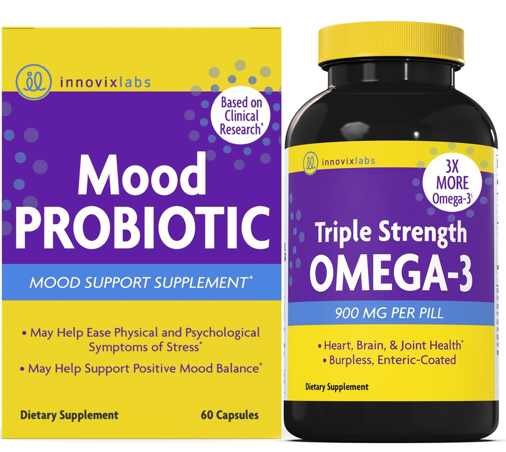 InnovixLabs Mood Probiotic & Triple Omega Bundle Mood Probiotic (60 Kapseln) Triple Strength Omega-3 Fish Oil (200 Softgel). Unterstützt Gehirn, Gelenke und Immungesundheit*