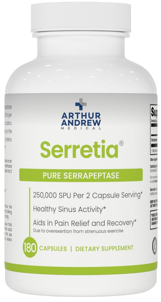 Arthur Andrew Medical, Serretia, Serrapeptase Formel für Muskel- und Sinusunterstützung, 180 Kapseln