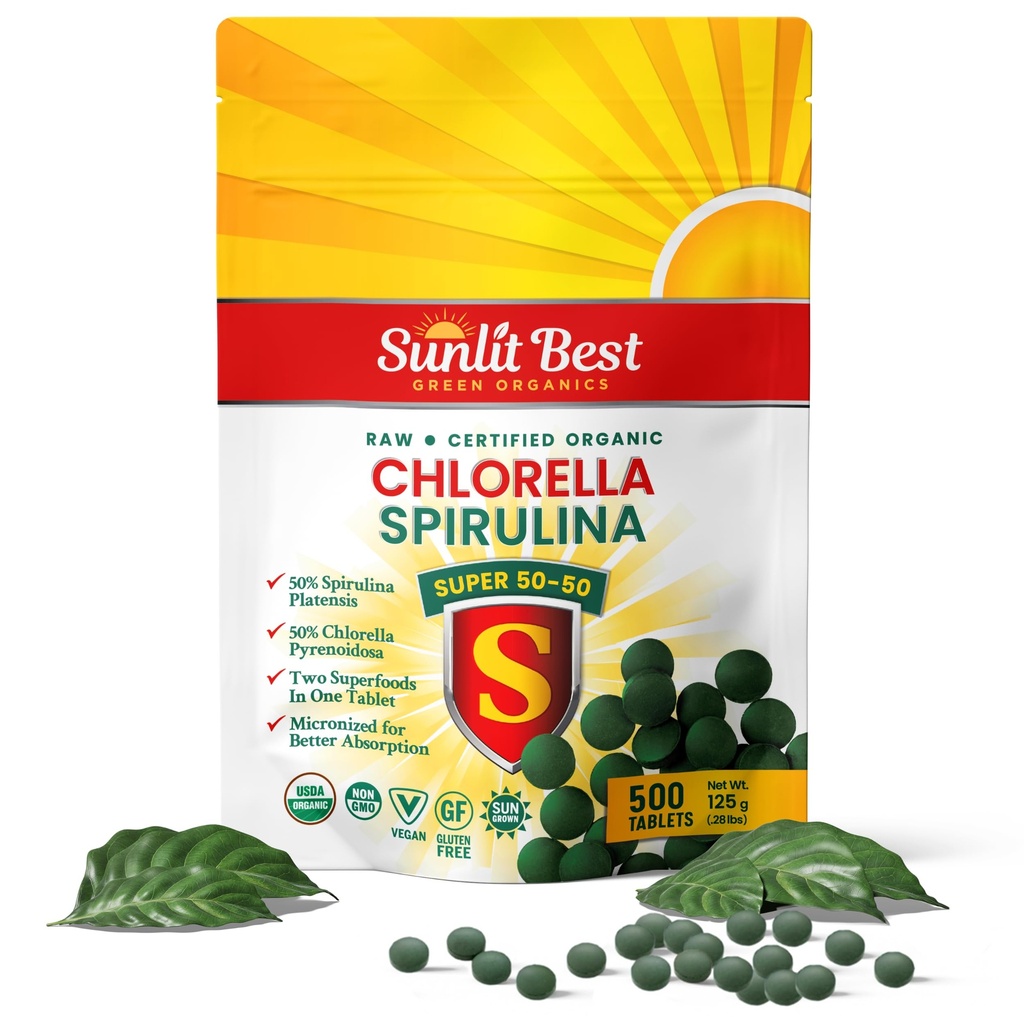 Sunlit Super 50/50 Bio Chlorella Spirulina Tabletten - Super Supplement für Immununterstützung, Gut Health, Mood & Energy - Reich an Chlorophyll, Aminosäuren & Vegan Protein, 500 Superfood Tabs