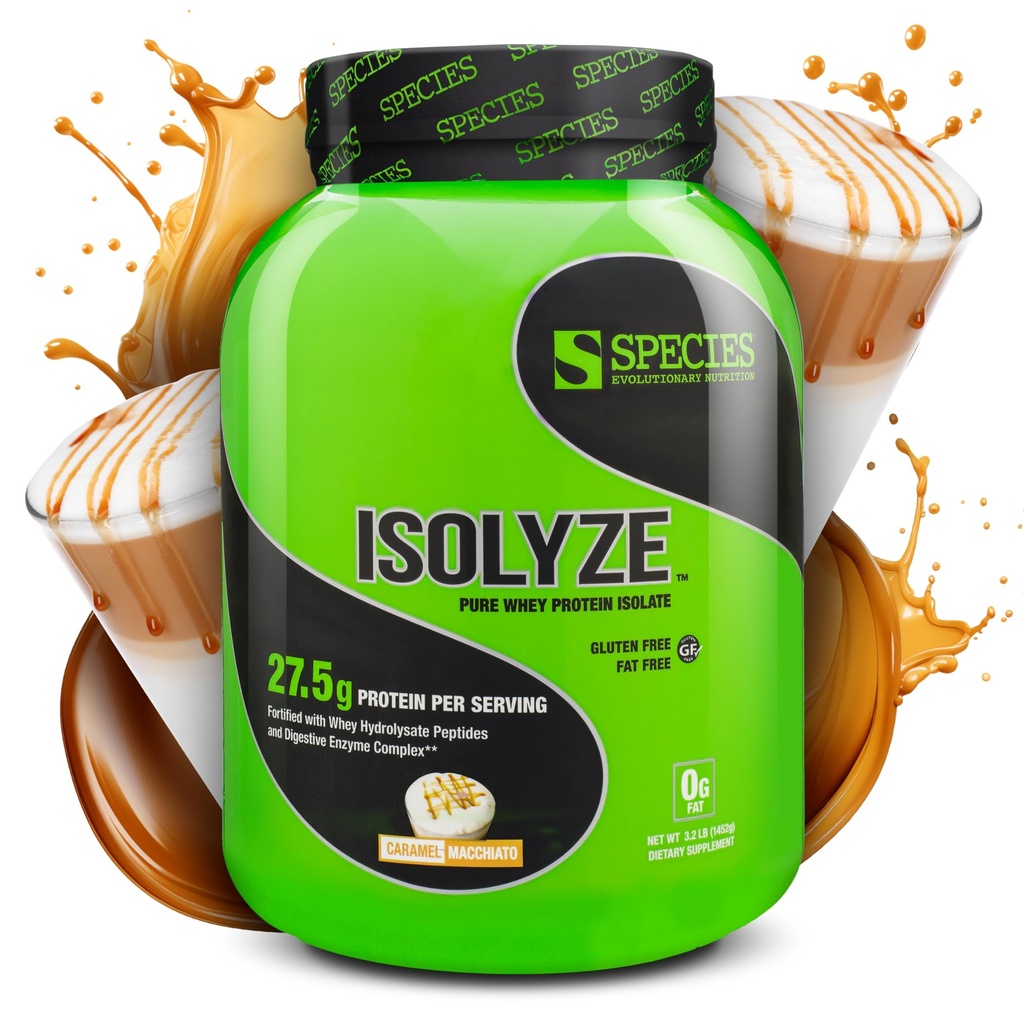Spezies Nutrition Isolyze Whey Protein Powder, 100% Whey Isolate für Muskelaufbau, 27,5g Protein pro Scoop, kein Zucker & Low Fat (Caramel Macchiato, 44 Servierungen)