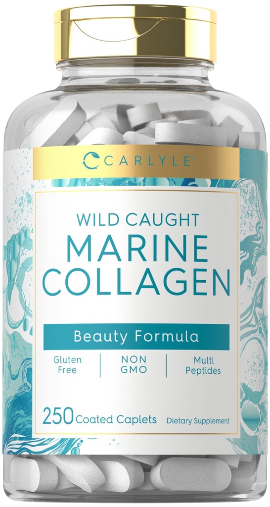 Carlyle Marine Collagen für Haar Haut und Nägel | 250 Caplets | Peptide für Frauen und Männer | Typ I mit Calcium | Non-GMO & Gluten Kostenlos
