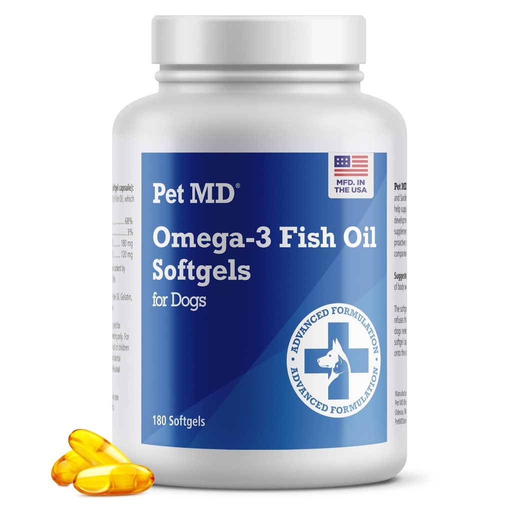 Pet MD – Omega 3 Fish Oil Supplement für Hunde – Haut- und Mantelunterstützung für Hunde – 180 Softgels