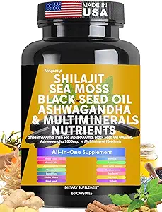 Shilajit Sea Moss Black Seed Oil Ashwagandha Burdock Vitamin C & D3 mit Elderberry rhodiola rosea Dandelion Gelb Dock Turmeric ACV