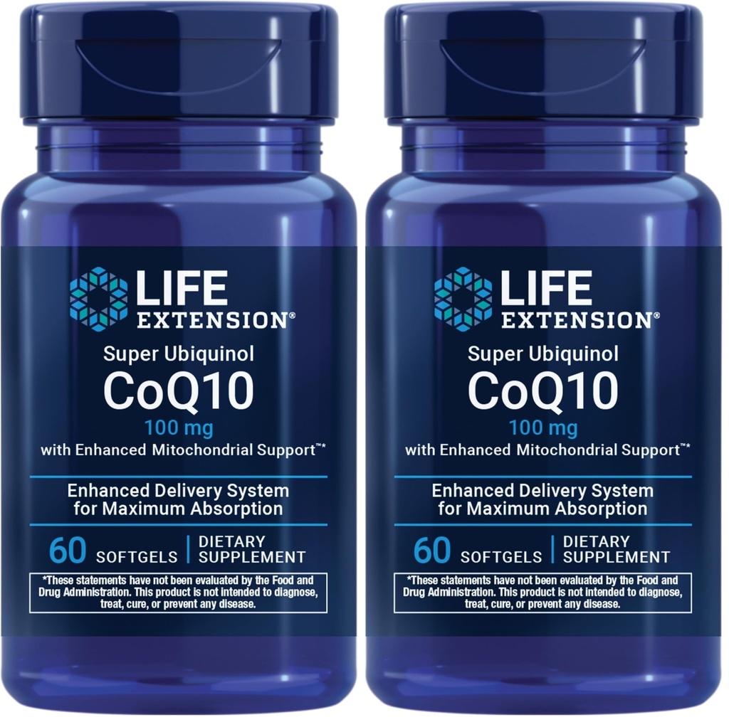 Life Extension Super Ubiquinol CoQ10 mit Enhanced Mitochondrial Support, Potent Heart Health & Cellular Energy Production Support,Ultra-absorbierbar,Glutenfrei,Non-GMO, 100 mg, 60 Softgel (Pack von 2)