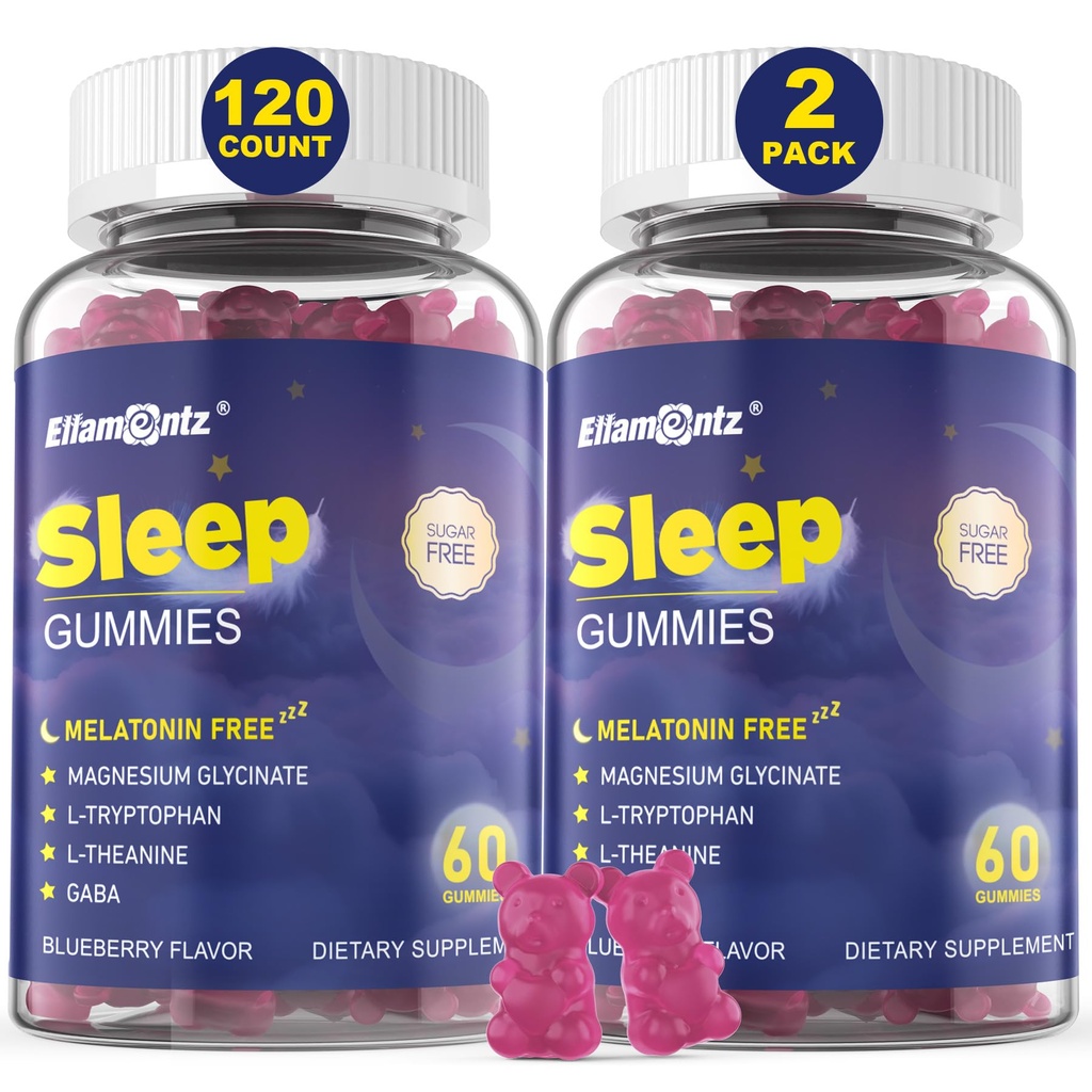 Melatonin Freie Schlafhilfe-Gummien für Erwachsene, Sugar Free Sleeping Gummy No Melatonin, Natural Calm Gummies mit Magnesium Glycinate, L-Tryptophan, L-Theanine, GABA, Ashwagandha, Valerian, 120cts