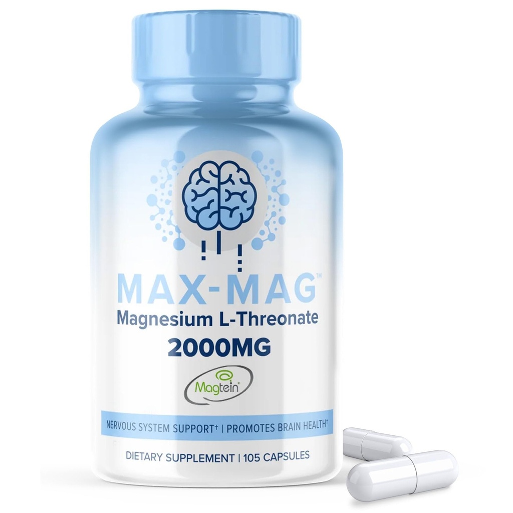 Max-Mag Magnesium L-Threonate Supplement - 105 Kapseln Made in USA- Magtein 2000mg Complex mit Vitamin D3 und K2 für Schlaf, Mood & Gehirn Magnesium L Threonate Kapseln Ernährung von MaxLife Naturals