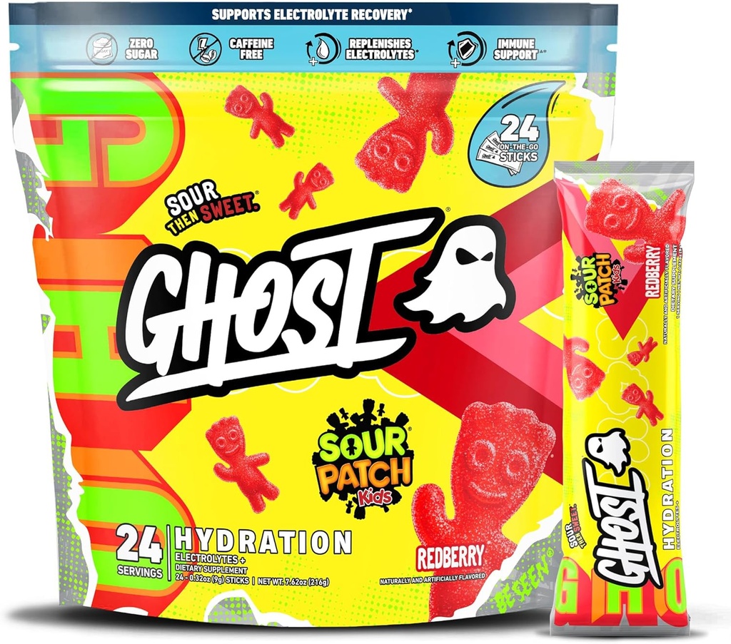 GHOST Hydration Packets, Sour Patch Kids Redberry, 24 Sticks, Elektrolytpulver - Getränke Mix Supplement mit Magnesium, Kalium, Calcium, Vitamin C - Vegan, frei von Soja, Zucker & Gluten