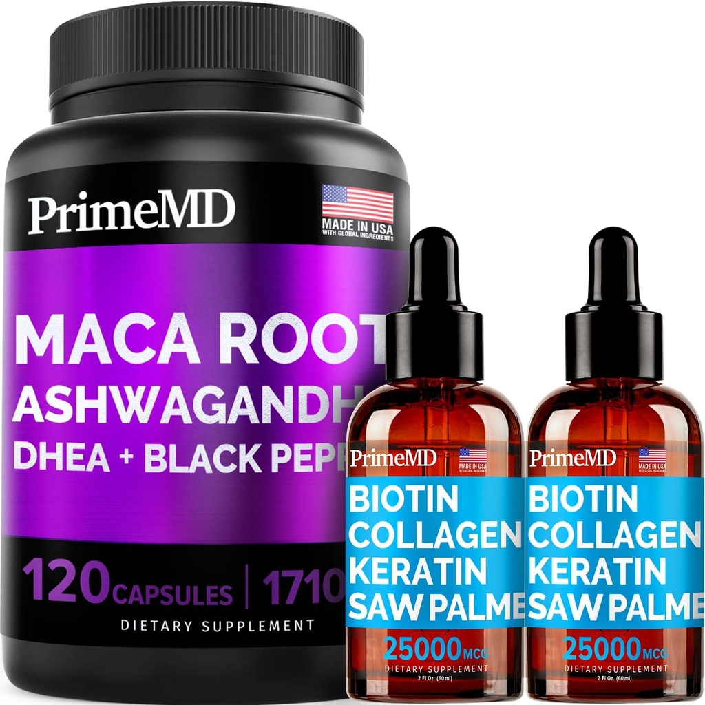 4-in-1 Liquid Biotin Collagen Keratin Saw Palmetto Tropfen (2 fl oz - 2 Pack) & 6-in-1 Maca Root Ashwagandha w Black Pepper Fruit (120ct) Bundle - Haar, Haut, Nägel, Energie &amp; Mood Support Supplement