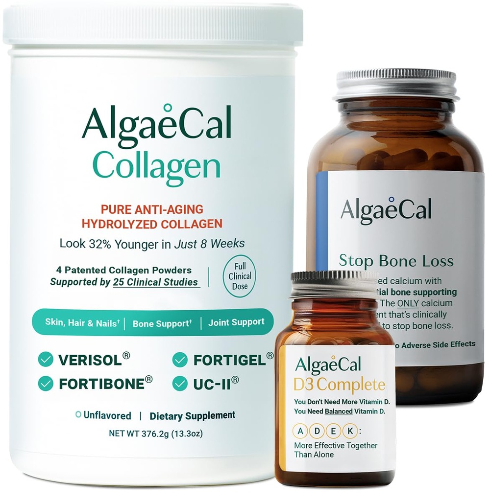 ALGAECAL Calcium, Vitamin D3 & Collagen Bundle – Kollagen mit klinisch unterstütztem Verisol, Fortibone & Fortigel, Plus 13 Knochen unterstützende Mineralien und Vitamin ADEK für Knochengesundheit & Anti-Aging