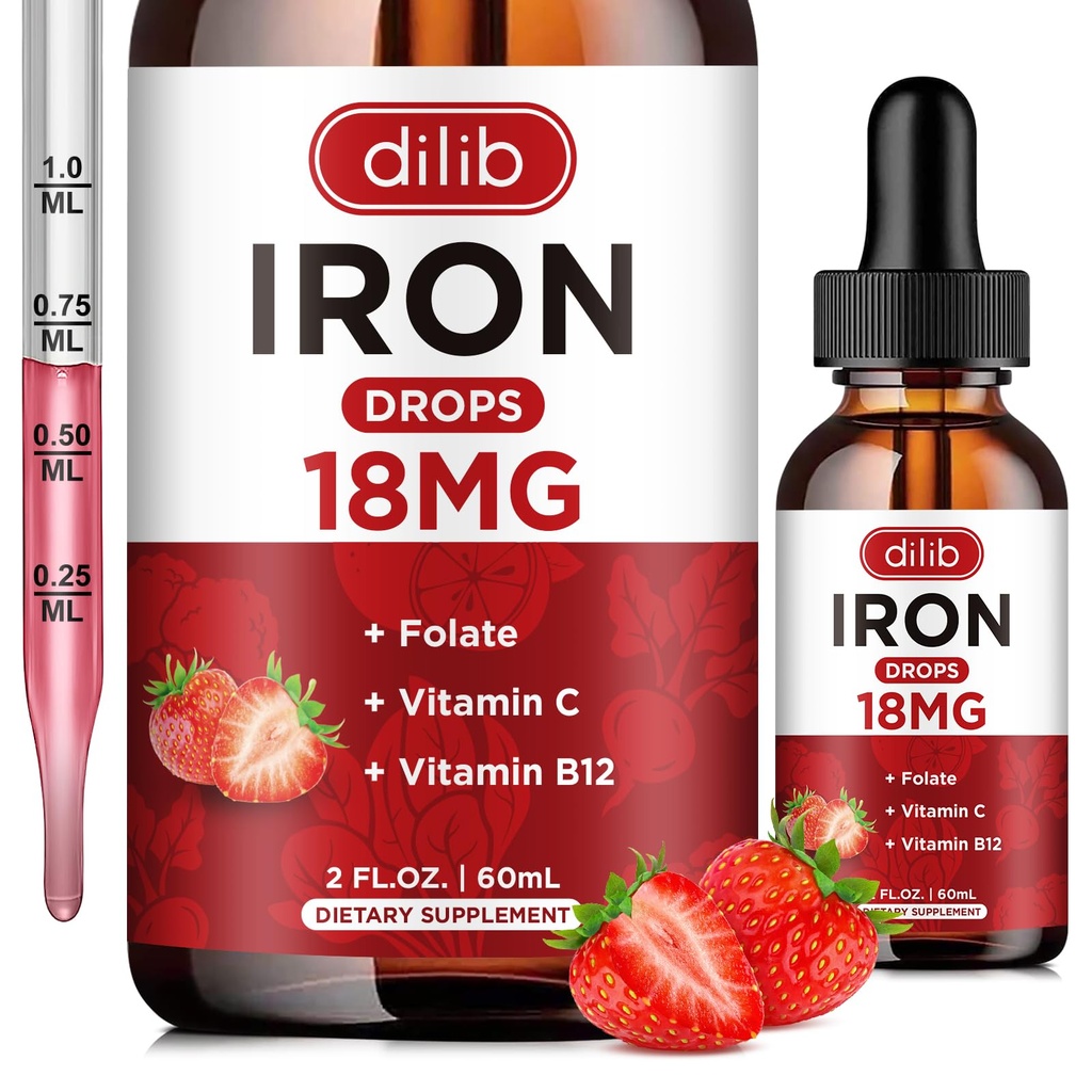Flüssige Eisen Ergänzung für Frauen und Männer Eisen Tropfen Eisen Ergänzungen für Anämie mit Folat, Vitamin C, B12 für Rote Blutzellen Unterstützung-Strawberry, 2 Fl Oz