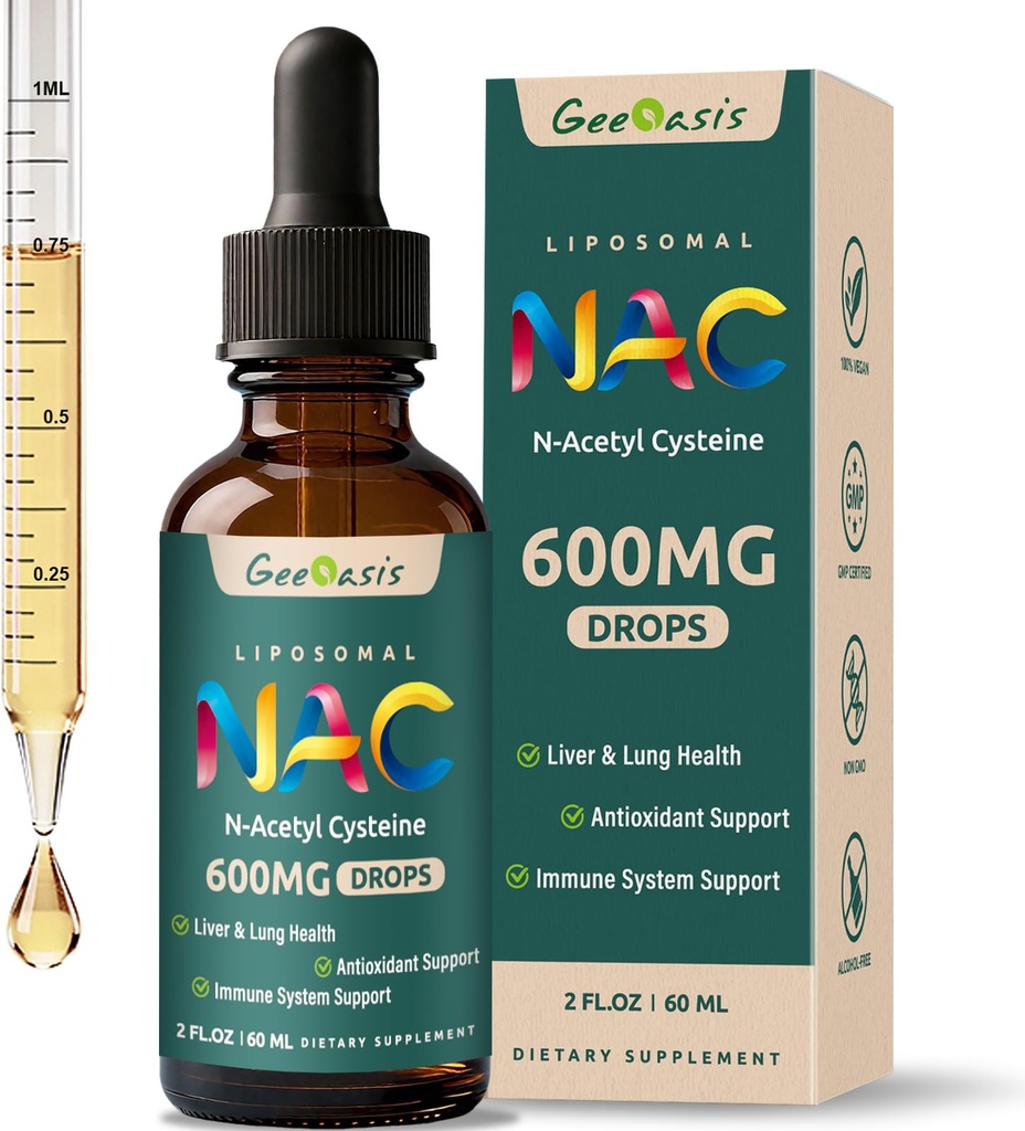 Liposomale flüssige NAC Ergänzung N-Acetyl Cystein Tropfen, N Acetyl Cystein 600 mg mit Quercetin & Zink für Erwachsene & Kinder, Leber & Lung Unterstützung, Antioxidans, Immun & Haut Gesundheit, 2 Fl Oz