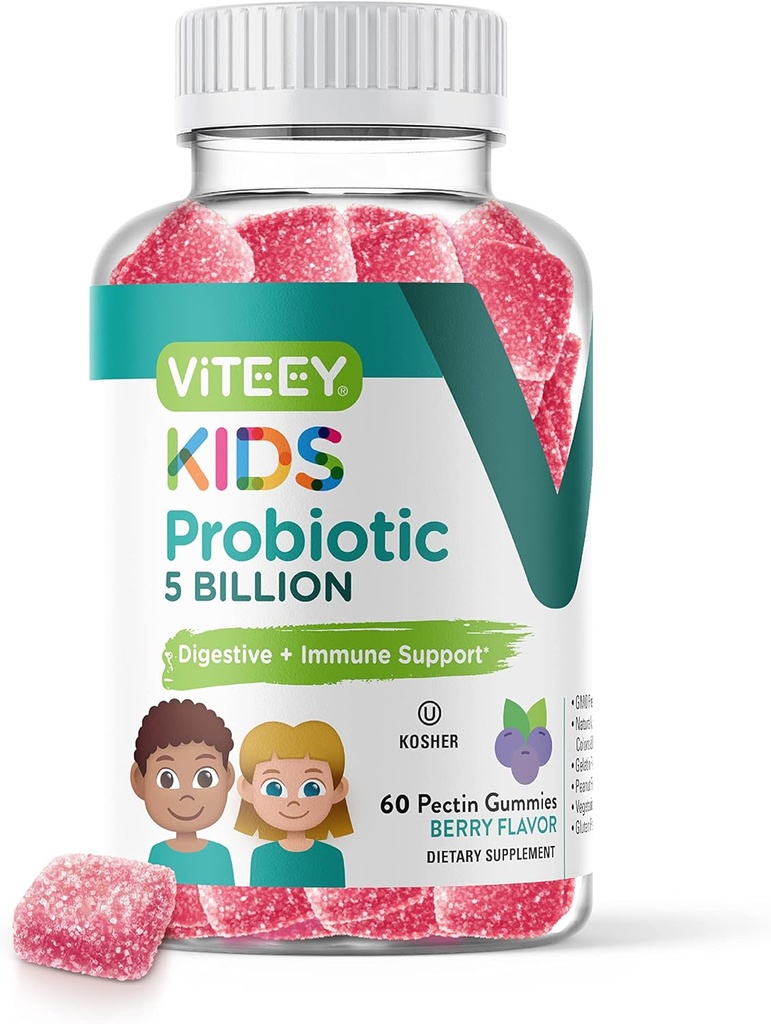 Viteey Probiotic Gummis für Kinder - 5 Billion CFUs - Probiotics Kids Constipation Relief, Natürliche Immun- und Verdauungshilfe - Vegetarisch, Gelatin Free, GMO Free - Tasty Berry Flavored Gummy