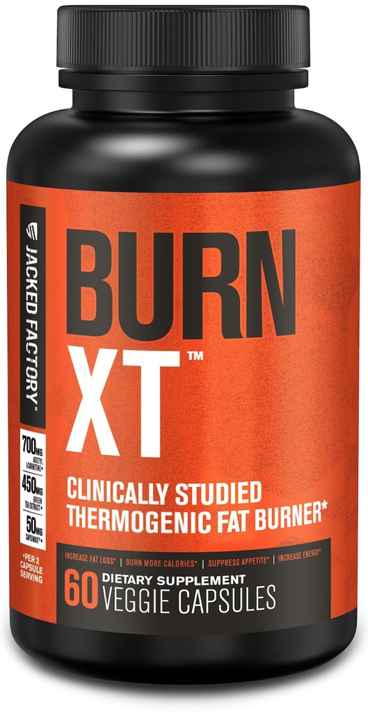 Jacked Factory Burn-XT Clinically Studied Fat Burner & Weight Loss Supplement - Appetite Suppressant & Energy Booster - with Acetyl L-Carnitine, Green Tea Extract and More - 60 Natural Diet Pills