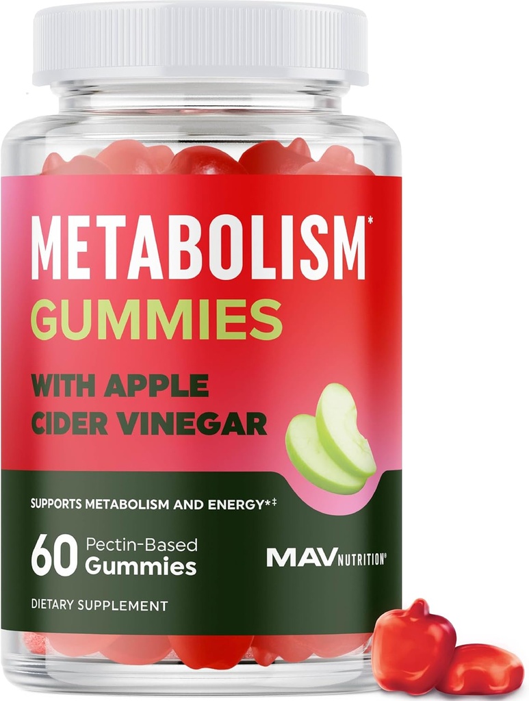 Metabolismus Gummis mit Apple Cider Essig | Energie, Verdauung & Lean Body Maß Unterstützung | Apple Cider Essig Gummis mit der Mutter, B12 & Folate | Stoffwechselunterstützung für Frauen & Männer | 60 Ct.