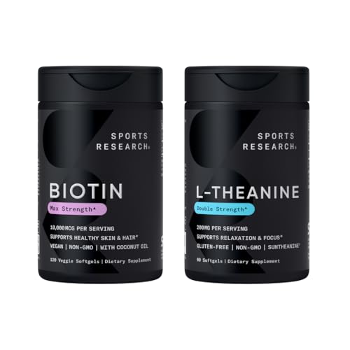 Sportforschung Vegan Biotin 10.000mcg mit Kokosöl Max Strength Vitamin B7 120 Softgels (4 Month Supply) und Double Strength L-Theanine Supplement für Fokus, Relaxation & Alertness 200mg 60 Count