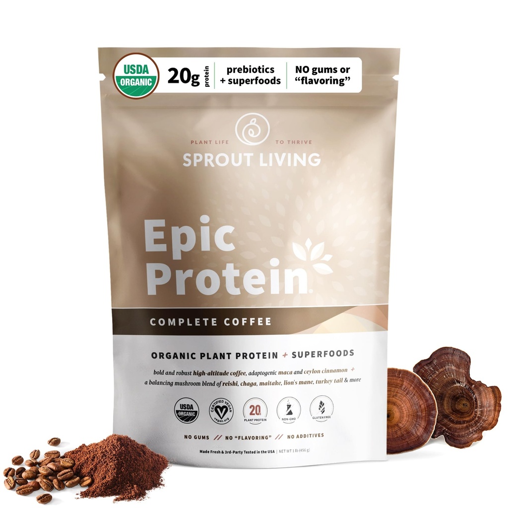 Sprout Living, Epic Protein, Plant Based Protein & Superfoods Powder, Complete Coffee | 20 Grams Organic Protein Powder, Adaptogene, Pilze, Vegan, Non-GMO, Glutenfrei (1 Pfund, 12 Portionen)