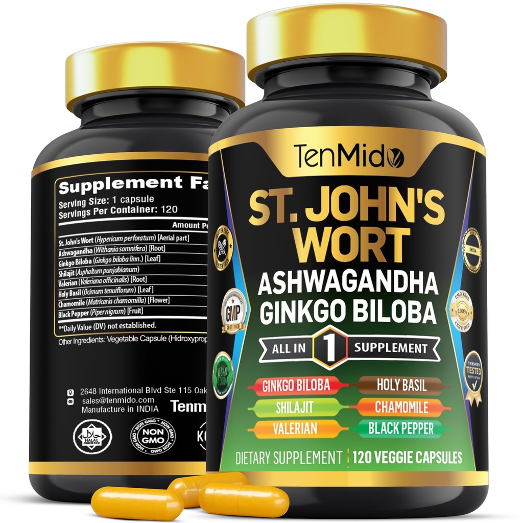 St.John's Wort Supplement - 8in1 Formel - Kombinieren Sie mit Ashwagandha, Ginkgo Biloba, Shilajit, Valerian, Heilige Basilikum, Kamille und schwarzem Pfeffer - 120 Vegan Kapseln für 4 Monate Versorgung