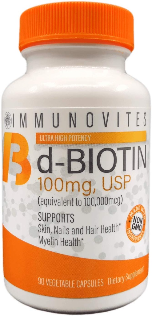 IMMUNOVITES High Dose Biotin (als d-Biotin, USP) 100mg (Äquivalent zu 100.000mcg) 90 Kapseln, Hohe Potenz