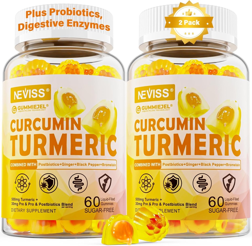 Sugar Free Turmeric Curcumin Filled Gummies 550mg für Erwachsene, Ginger & Black Pepper | 95% Curcuminoids w/Prebiotic Probiotic & Postbiotic Blend, Unterstützung, Immun & Verdauungsgesundheit, Vegan, 2Pack