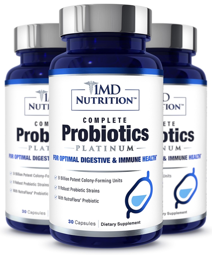 1MD Complete Probiotics Platinum | Unterstützt Verdauungsgesundheit | mit Nourishing Prebiotics, 51 Billion Live CFU, 11 Strains, Dairy-Free | 30 Gemüsekapseln (3-Pack)