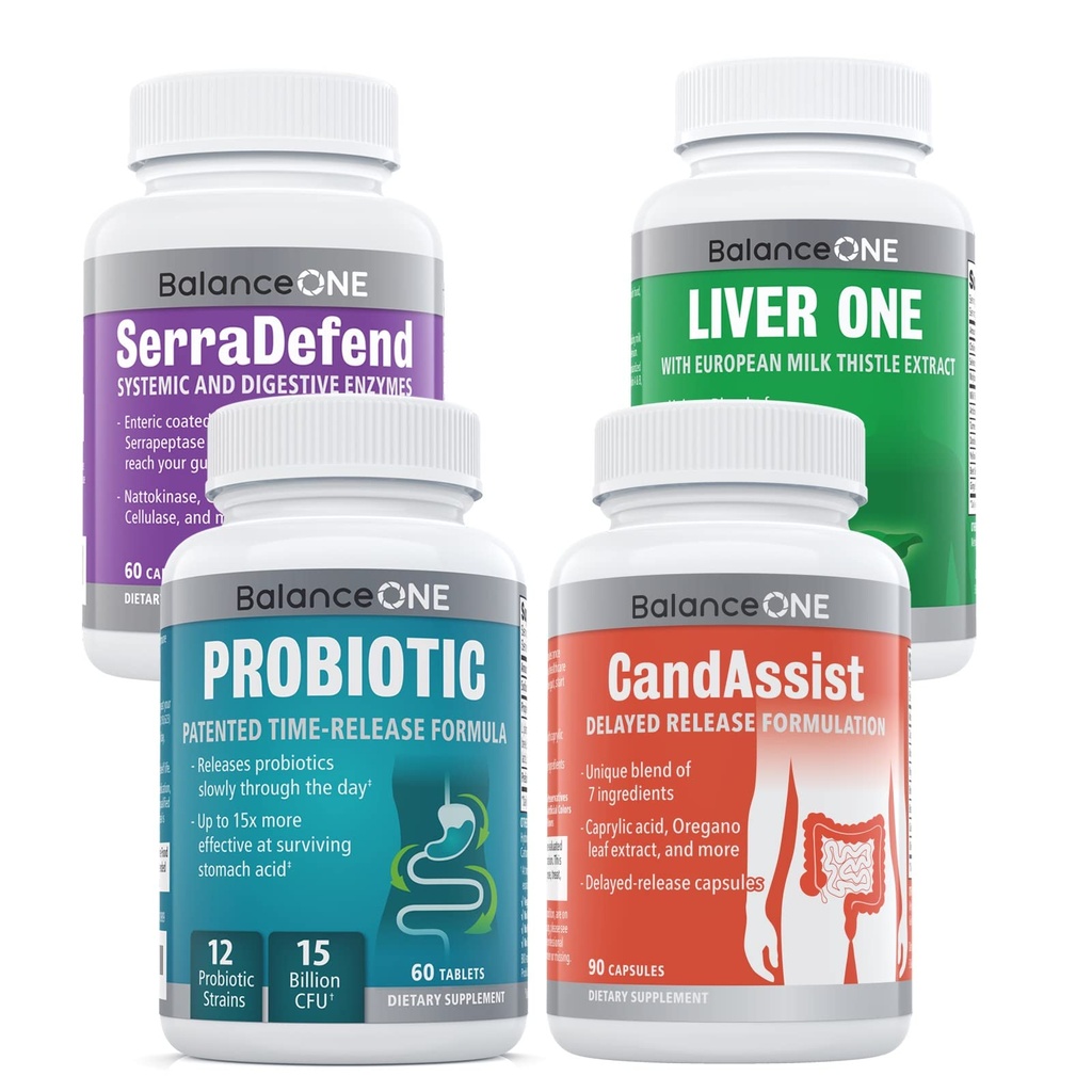 Balance ONE 4-in-1 Bundle | Probiotic, CandAssist, Liver One, SerraDefend | 15 Billion Probiotic | Natural Cleanse mit Caprylic Acid | Liver Unterstützung mit Milchdistel | Systemic Enzyme Blend
