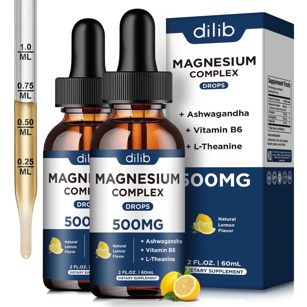 (2 Pack) Magnesium Glycinat, Citrat, Malate Liquid Drops-Triple Magnesium Complex Supplement 500mg mit Ashwagandha, L-Theanin, Vitamin B6-Support Calm, Stress Relief, Schlaf, Muskel-Lemon Flavor
