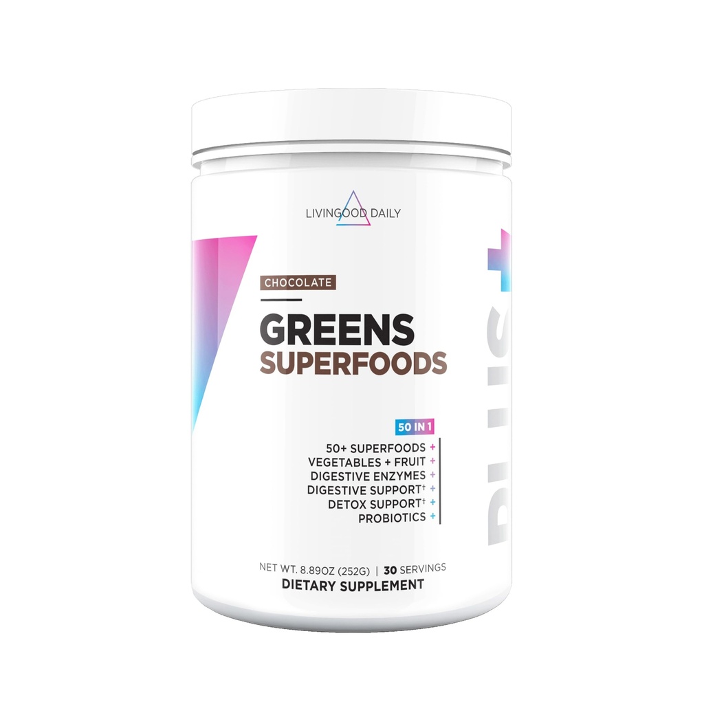 Livingood Daily Greens & Superfood Powder, Super Greens for Gut Health, Green Juice Powder mit Spirulina, Chlorella und Verdauungsenzyme, Probiotika für Verdauungsunterstützung, Schokolade, 30 Servietten